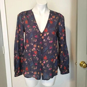Lucky Brand Bohemian Long Sleeve Floral Print Semi Sheer Lightweight Blouse(S)